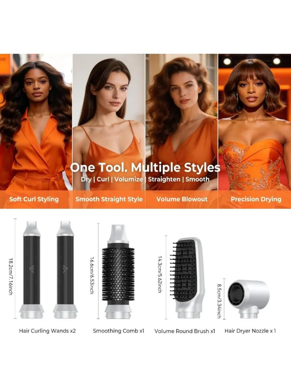 5-in-1 Hot Air Brush & Curler, Fast Drying, Adjustable Temp, Detachable Styling